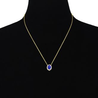 2.90 Carat Fine Quality Tanzanite And Diamond Necklace In 14K Yellow Gold