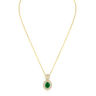 3-1/2 Carat Oval Shape Emerald Necklaces With Diamonds In 14 Karat Yellow Gold, 18 Inch Chain