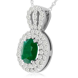 3-1/2 Carat Oval Shape Emerald Necklaces With Diamonds In 14 Karat White Gold, 18 Inch Chain