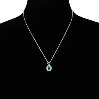 3-1/2 Carat Oval Shape Emerald Necklaces With Diamonds In 14 Karat White Gold, 18 Inch Chain