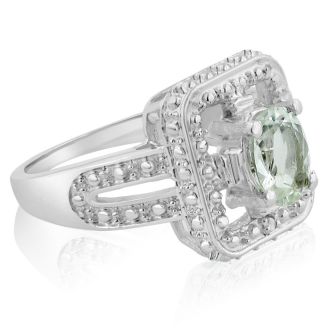 1 1/4 Carat Oval Shape Green amethyst and Diamond Ring In Sterling Silver