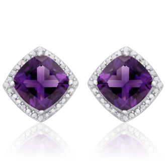 3 3/4 Carat Cushion Cut Amethyst and Diamond Earrings