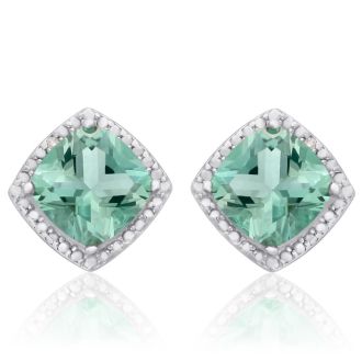 3 3/4 Carat Cushion Cut Green Amethyst and Diamond Earrings In Sterling Silver