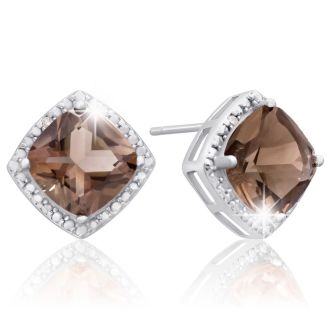 3 3/4 Carat Cushion Cut Smoky Quartz and Diamond Earrings In Sterling Silver