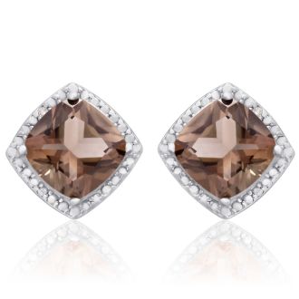 3 3/4 Carat Cushion Cut Smoky Quartz and Diamond Earrings In Sterling Silver