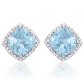 3 3/4 Carat Cushion Cut Blue Topaz and Diamond Earrings In Sterling Silver
