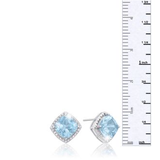 3 3/4 Carat Cushion Cut Blue Topaz and Diamond Earrings In Sterling Silver