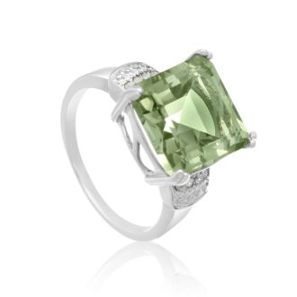 5 Carat Cushion Cut Green Amethyst and Diamond Ring In Sterling Silver