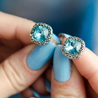 Aquamarine Earrings: Aquamarine Jewelry: 4ct Crystal Aquamarine and Marcasite Earrings
