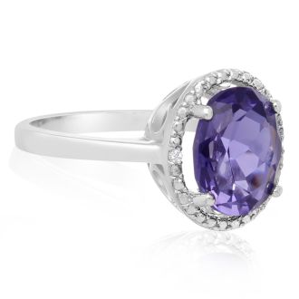 3ct Oval Created Tanzanite and Diamond Halo Ring