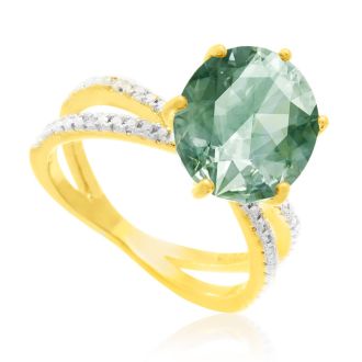 4 1/2 Carat Oval Shape Green Amethyst and Diamond Ring, Gold Overlay