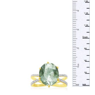 4 1/2 Carat Oval Shape Green Amethyst and Diamond Ring, Gold Overlay