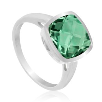 3.70 Carat Cushion Cut Green Amethyst Ring, Bezel Setting, Platinum Overlay