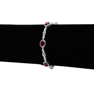 4 1/2 Carat Oval Shape Ruby and Halo Diamond Bracelet, Platinum Overlay, 7 Inches