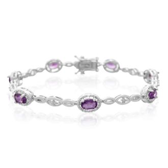 3 Carat Oval Shape Amethyst and Halo Diamond Bracelet, Platinum Overlay, 7 Inches