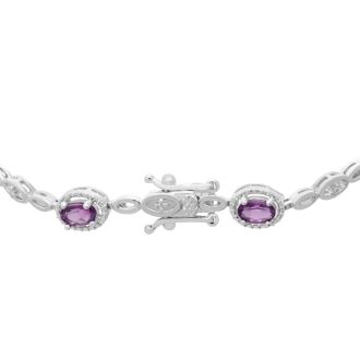 3 Carat Oval Shape Amethyst and Halo Diamond Bracelet, Platinum Overlay, 7 Inches