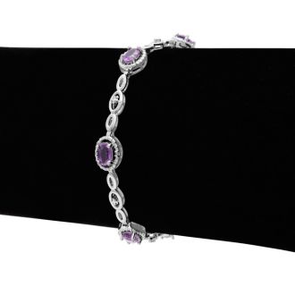 3 Carat Oval Shape Amethyst and Halo Diamond Bracelet, Platinum Overlay, 7 Inches