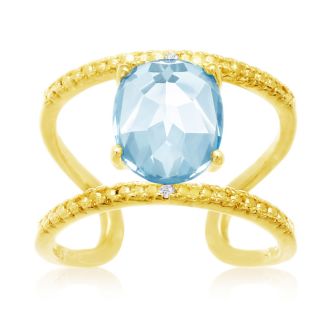 3.40 Carat Blue Topaz and Diamond Open Shank Ring In 14 Karat Yellow Gold Over Sterling Silver
