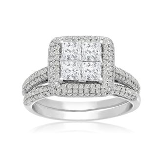 1 1/2 Carat Princess Shape Halo Diamond Bridal Set In 14 Karat White Gold