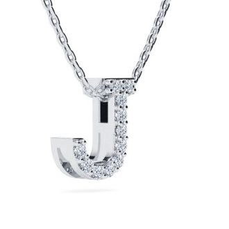 Letter J Diamond Initial Necklace In 14K White Gold With 13 Diamonds
