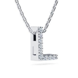Letter L Diamond Initial Necklace In 14K White Gold With 13 Diamonds