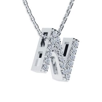 Letter N Diamond Initial Necklace In 14K White Gold With 13 Diamonds