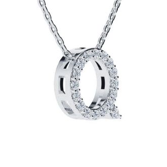 Letter Q Diamond Initial Necklace In 14K White Gold With 13 Diamonds