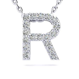 Letter R Diamond Initial Necklace In 14K White Gold With 13 Diamonds