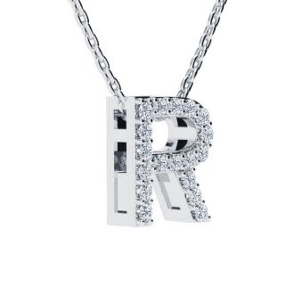 Letter R Diamond Initial Necklace In 14K White Gold With 13 Diamonds