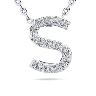 Letter S Diamond Initial Necklace In 14K White Gold With 13 Diamonds
