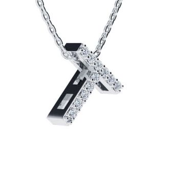 Letter T Diamond Initial Necklace In 14K White Gold With 13 Diamonds