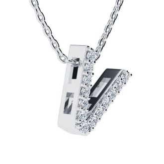Letter V Diamond Initial Necklace In 14K White Gold With 13 Diamonds
