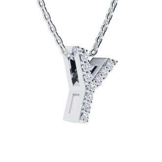 Letter Y Diamond Initial Necklace In 14K White Gold With 13 Diamonds