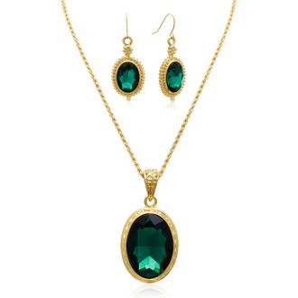 Regal 20 Carat Oval Shape Crystal Emerald Necklace With Free Matching Earrings.  Magnificent Huge, Beautiful Crystals!
