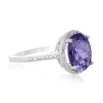 3 Carat Oval Shape Created Tanzanite and Diamond Halo Ring In Sterling Silver