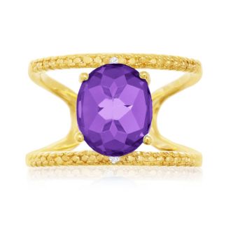 3 Carat Amethyst and Diamond Open Shank Ring In 14 Karat Yellow Gold Over Sterling Silver