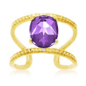 3 Carat Amethyst and Diamond Open Shank Ring In 14 Karat Yellow Gold Over Sterling Silver