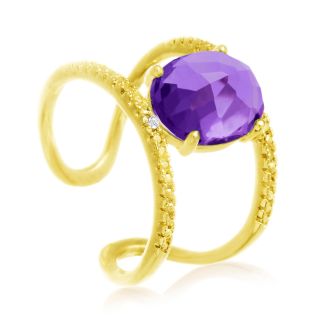 3 Carat Amethyst and Diamond Open Shank Ring In 14 Karat Yellow Gold Over Sterling Silver
