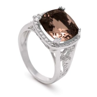5 1/3 Carat Cushion Cut Halo Style Smoky Quartz Ring In Sterling Silver