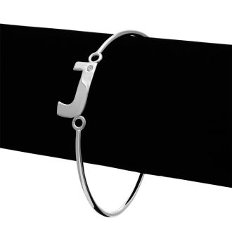 Initial "J" Bangle Bracelet With Cubic Zirconia Accent