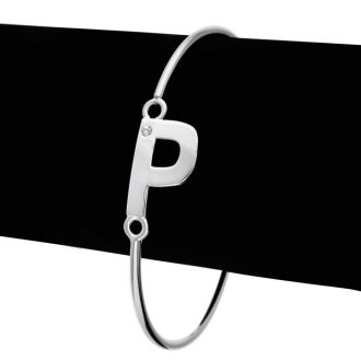 Initial "P" Bangle Bracelet With Cubic Zirconia Accent