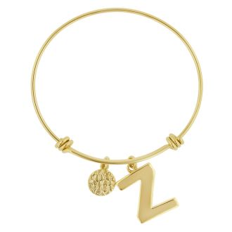 R Initial Expandable Wire Bangle Bracelet in Yellow Gold, 7 Inch
