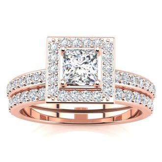 1 Carat Princess Cut Pave Halo Diamond Bridal Set in 14k Rose Gold
