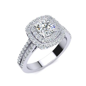 2 Carat Double Halo Cushion Cut Diamond Engagement Ring in 14 Karat White Gold