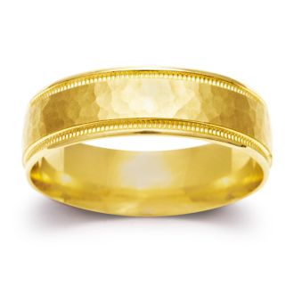 6mm Mens and Ladies Hammered Center Finished Wedding Band in 14 Karat Yellow Gold