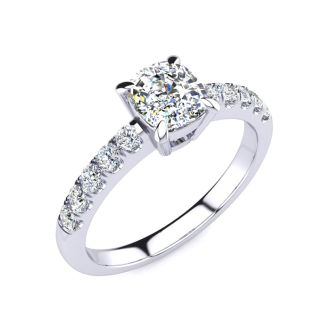 1 1/3 Carat Traditional Diamond Engagement Ring with 1 Carat Center Cushion Cut Solitaire In White Gold 
