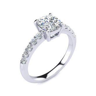 1 3/4 Carat Traditional Diamond Engagement Ring with 1 1/2 Carat Center Cushion Cut Solitaire In White Gold 