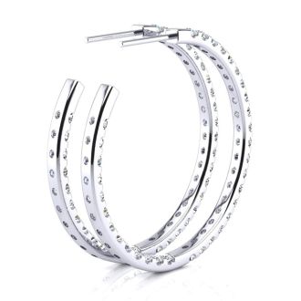 14K White Gold 3 Carat Diamond Three Quarter Hoop Earrings