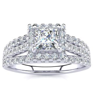 1 Carat Elegant Princess Cut Halo Diamond Engagement Ring In 14 Karat White Gold