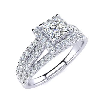 1 Carat Elegant Princess Cut Halo Diamond Engagement Ring In 14 Karat White Gold